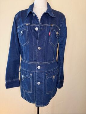 Levi's Type 1 Long Iconic Indigo Denim Jacket with Yellow Stitching Size Large